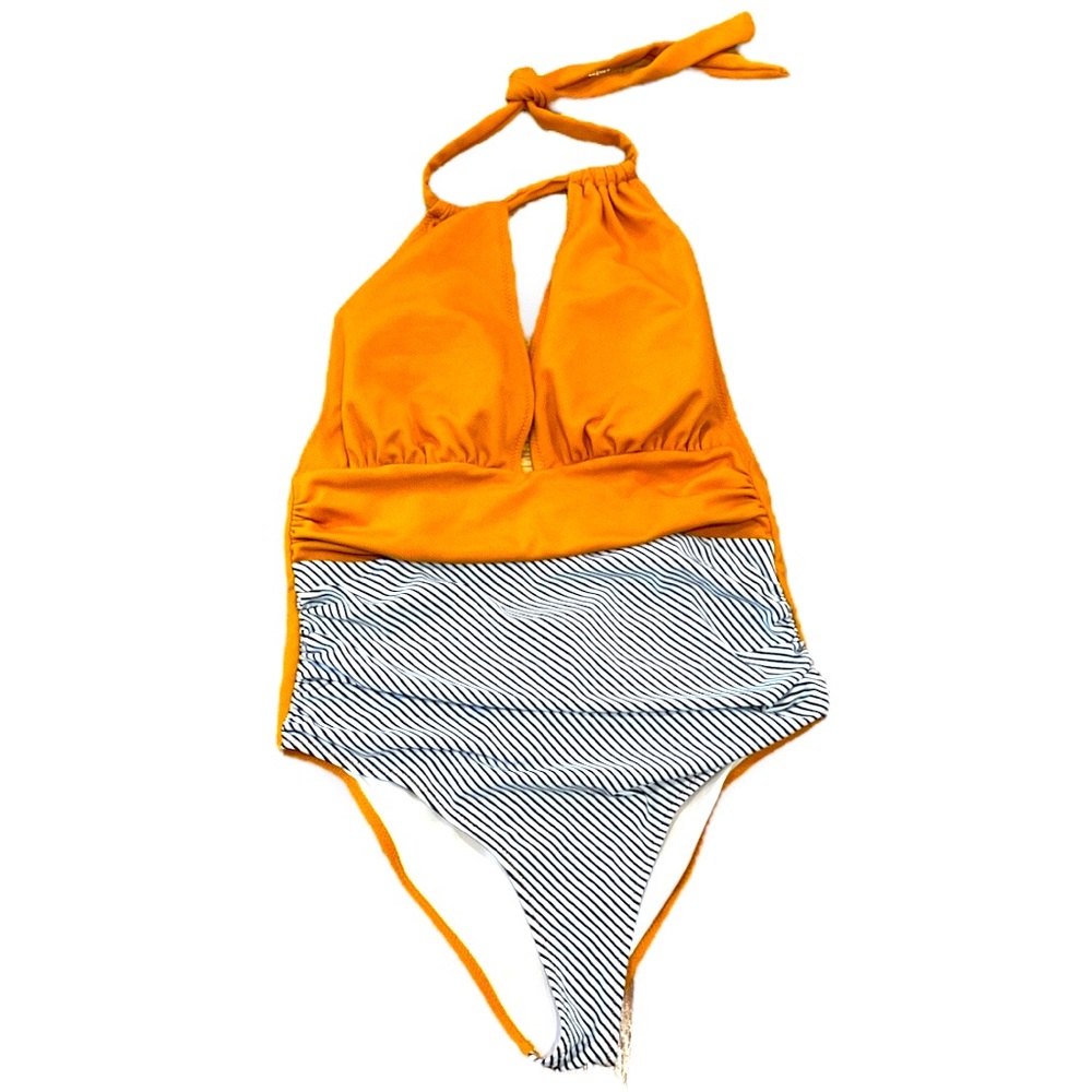 - NEW yellow top striped bottom  high cut  one piece  swimsuit Sz M